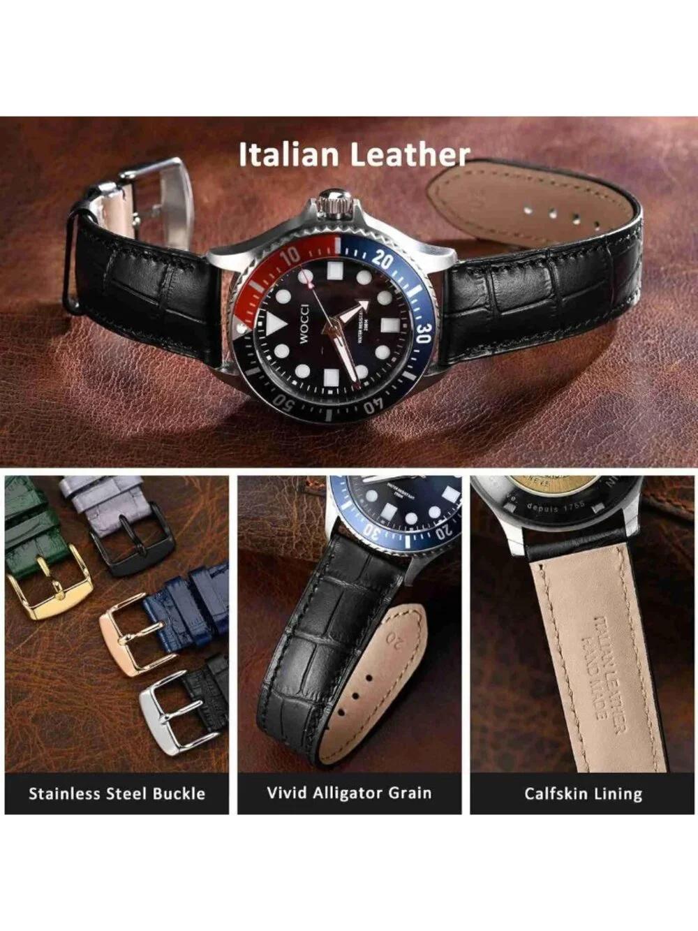 Italian Leather 20mm Watch Band, Embossed Alligator Grain, Silver Buckle, Black